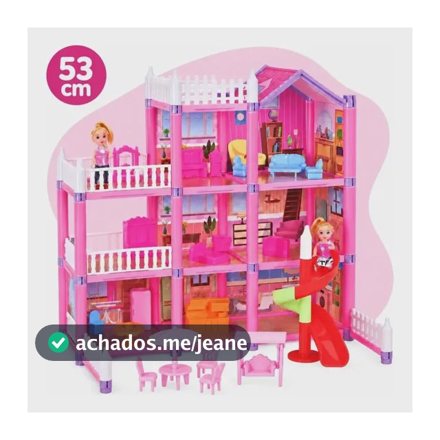Casa de Boneca Grande 174 Peças 3 Andares 10 Ambientes Com Escorregador 2 Bonecas e Móveis Brinquedo de Montar 50x53cm Rosa Menina Kizumba