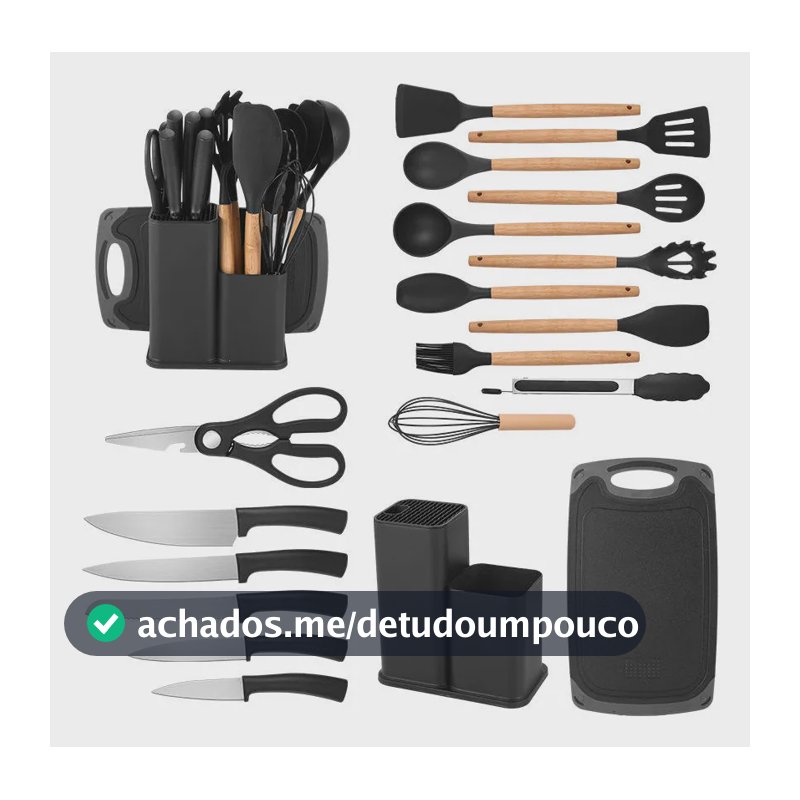 Kit 19 Peças Utensílios Cozinha Silicone Resistente Madeira Preto