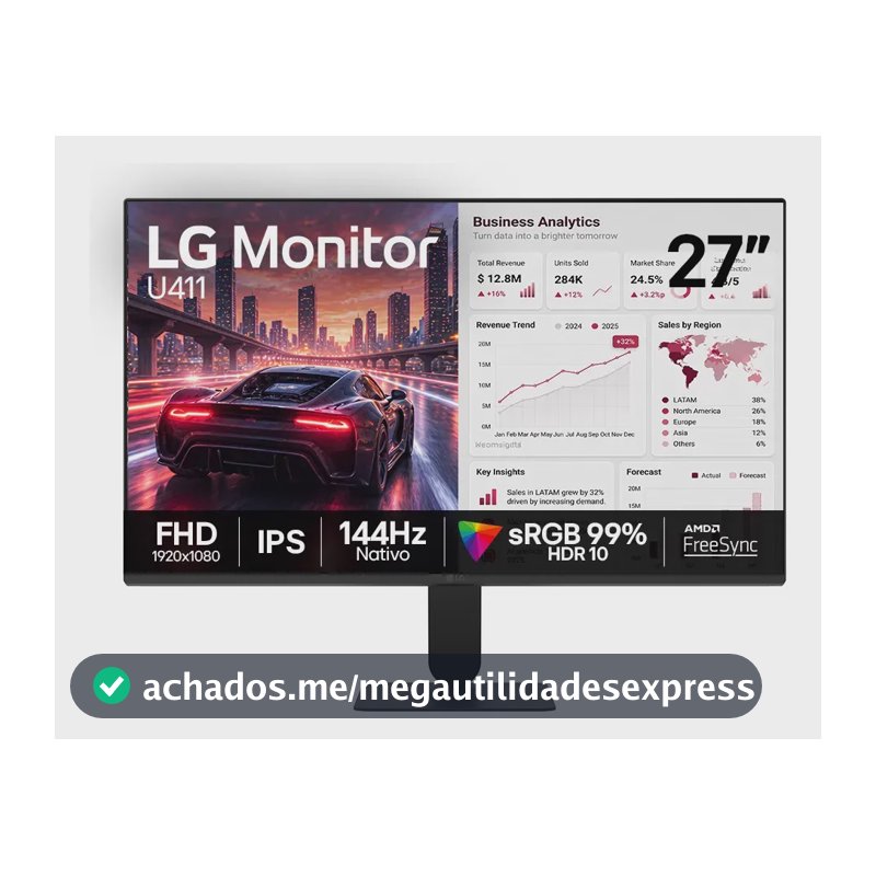 Monitor LG FHD Gamer & Office tela IPS 27”, 1ms (MBR), 144Hz Nativo, FreeSync, HDR10, sRGB, Modo leitura, Flicker Safe, HDMI, Black Stabilizer, Dynamic Action Sync, Preto - 27U411B