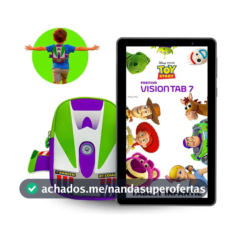 Tablet Infantil Positivo Vision TAB 7 Toy Story Disney 3GB RAM 64GB (expansível até 512GB) Octa-Core Tela 7” Wi-fi Android 14 Go, acompanha Mochila do Buzz Lightyear e Capa de Proteção de Silicone