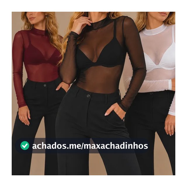 Body Tule Feminino Segunda Pele Manga Longa Gola Alta Sexy Preto Liso Único (36 A 44)