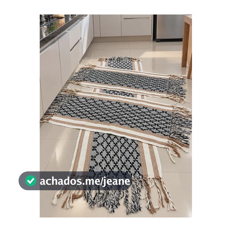 Passadeira Jogo De Cozinha Premium 3 Peças Artesanal Luxo 150 M Preto C/branco Borda Caramelo