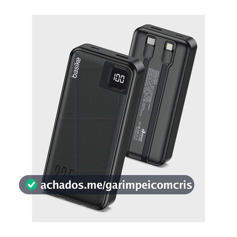 Power Bank Basike 20000mAh Preto, Carga Rápida 22.5W para iPhone e Samsung, Com Cabos Embutidos e Display