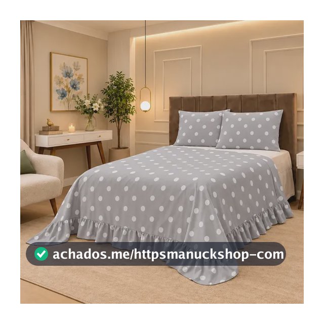 Colcha Cobre Leito Super King 3 Peças 400 Fios Babado Macio Poá Cinza Estampado