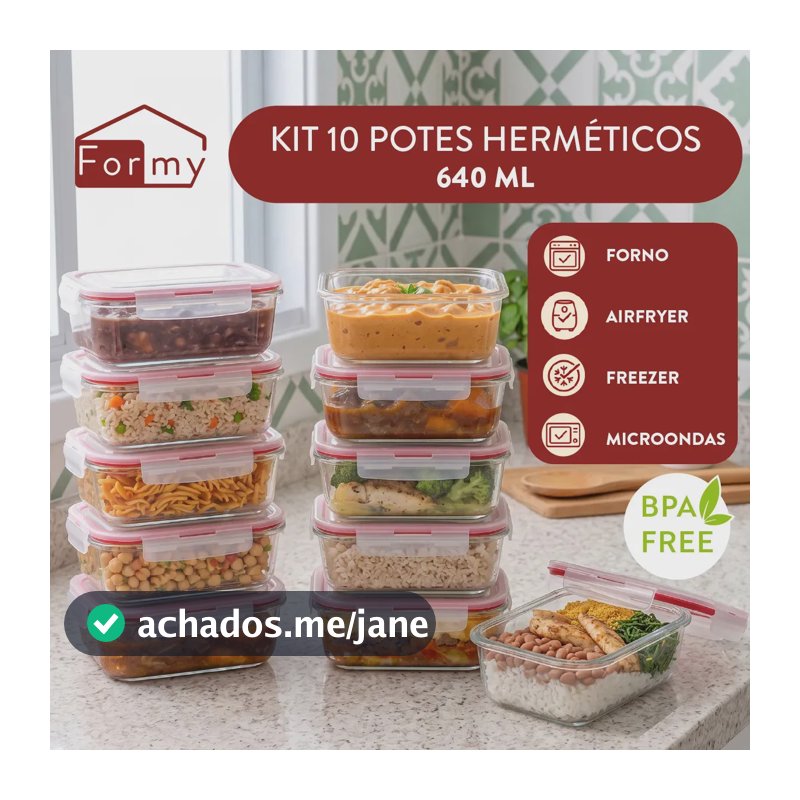 Kit 10 Pote De Vidro Marmita Hermético 640ml Freezer Fitness Borossilicato 4 Travas Micro-ondas Azul-Escuro