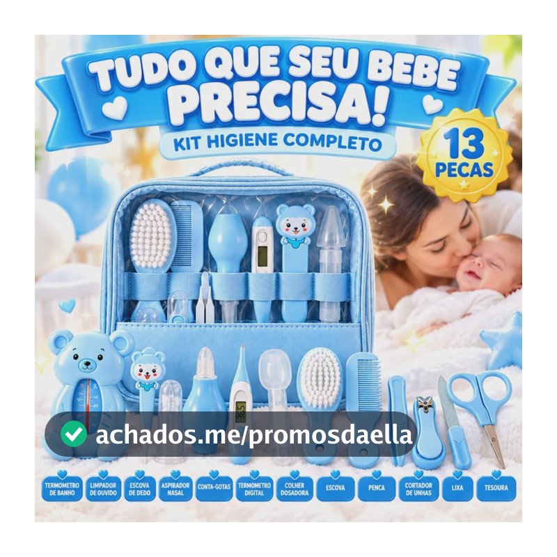 Kit Higiene Cuidados Bebê Azul Recém Nascido Completo 13 Peças Bolsa Maternidade Termômetro Digital Aspirador Nasal Escova Pente Cortador De Unha Azul Menino Chá De Bebê Presente Louis Riel Acustico