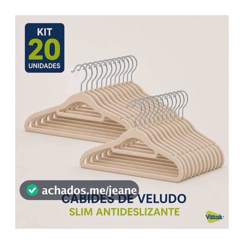 Vittak Kit 20 Cabides Veludo Adulto Slim Antideslizante Organizador Roupas Cor Bege