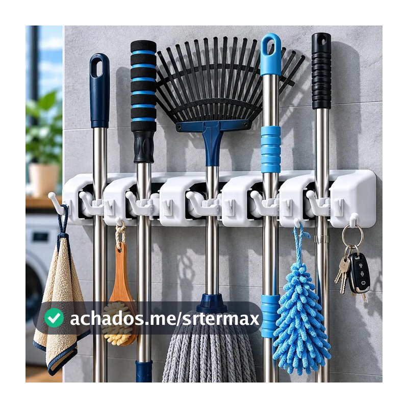 Suporte Vassoura Parede Multiuso 6 Posições 6 Ganchos Organizador Rodo Pá Ferramentas Fixação Parafuso Alta Resistência Abs Ponte Lar Utilidades