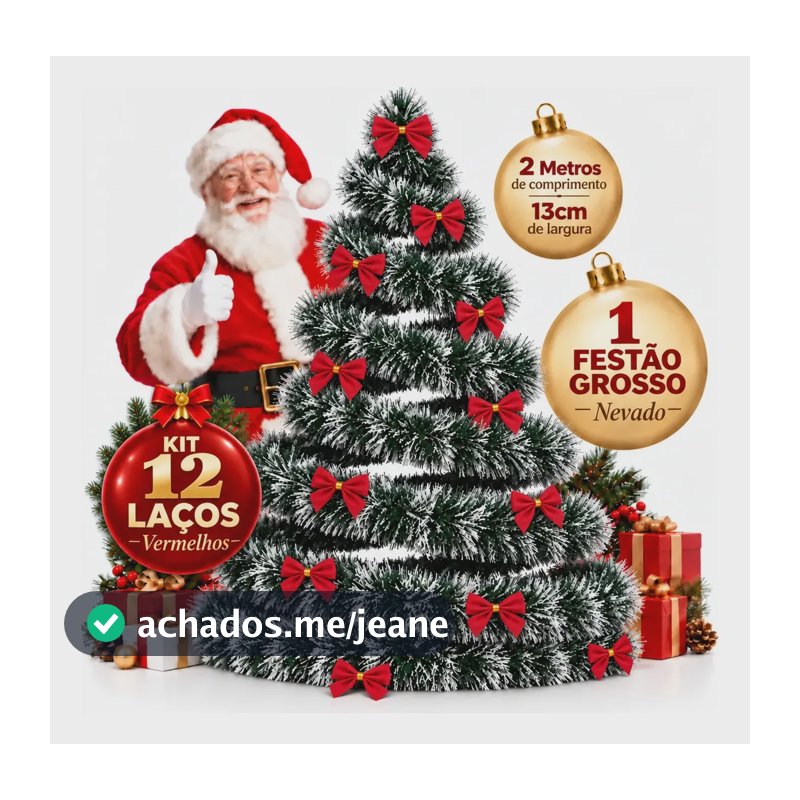 Festão Árvore de Natal Verde Nevado 2M Cheio Grosso 13cm Neve Enfeite Decoração Natalina Com Laços Kit 1 Peça + 12 Lacinhos Enfance