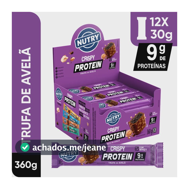 Barra de Proteínas Nutry Crispy Protein Trufa de Avelã 30g - Display Com 12 Unidades - Com Whey e 9g de Proteínas