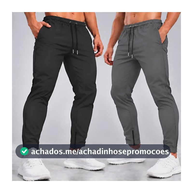 Kit 2 Calças Jogger Tactel Com Elastano Bolsos E Zipper Preta E Cinza M