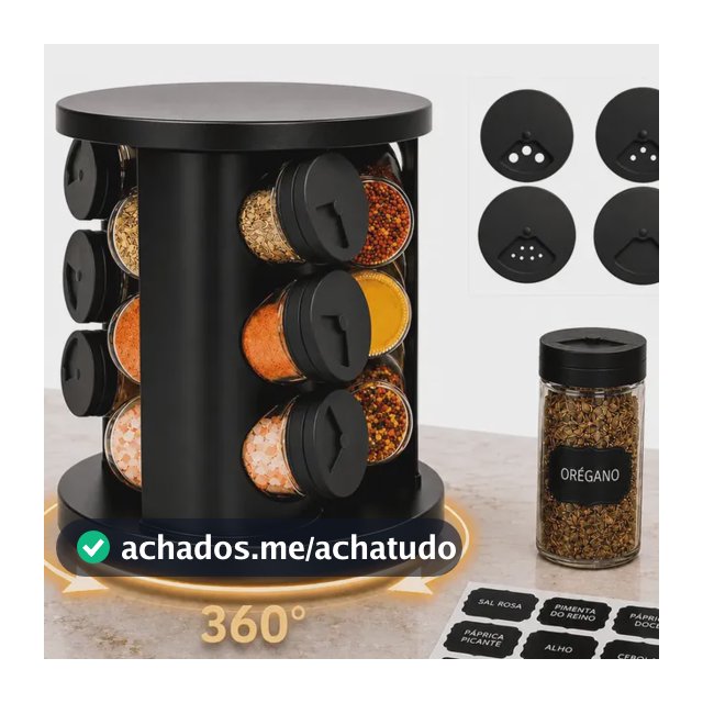 Porta Temperos Condimentos 9 Potes De Vidro Base Giratória 360° 9 Etiquetas Adesiva Organizador Cozinha Dosador Suporte Bancada Mesa Orégano Sal Páprica Pimenta Indue Variedades