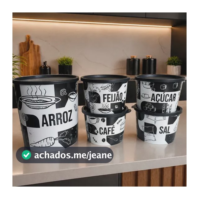 Jogo Porta Mantimento 5 Peças Com Tampa ( Pote Arroz 4,5kg) Preto