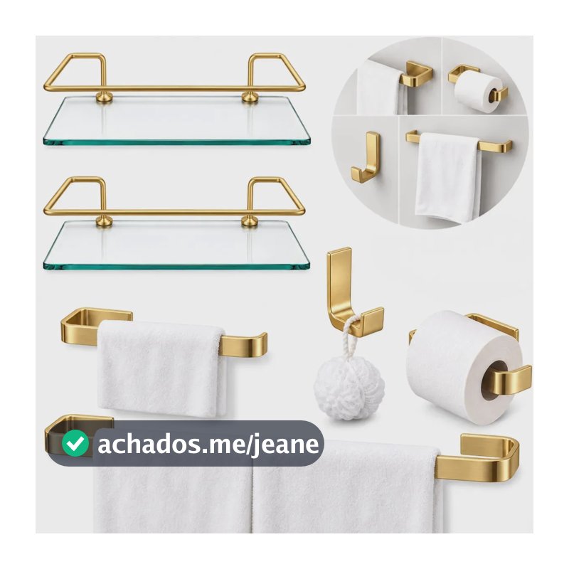 Kit Acessórios Banheiro 4 Peças Inox Dourado + 2 Porta Shampoo Organizador Prateleira Vidro Reto