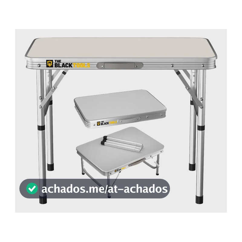 Mesa Dobrável Praia Camping Alumínio 60x45cm Vira Maleta Cor Branco e Prateado The Black Tools