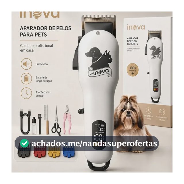 Máquina de Tosa Pet Profissional Inova LFJ-13498 Sem Fio 7500 RPM Silenciosa Display LED 240 Min 4 Pentes Kit Completo Cães e Gatos