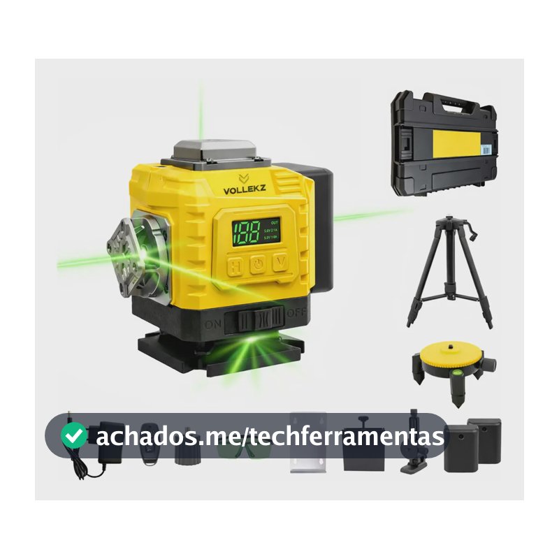 Kit Nível Laser 4D Verde Com 12 Linhas Vollekz, Tripé e 2 Baterias
