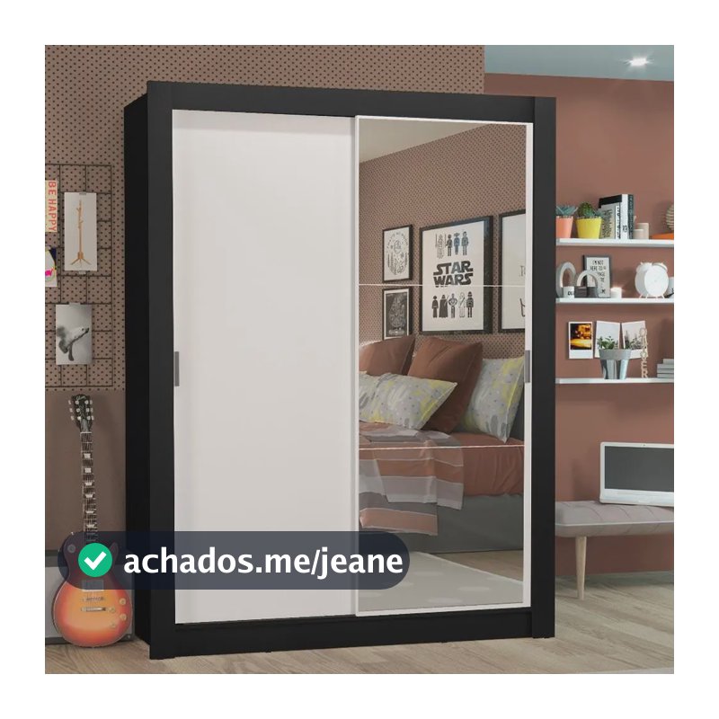 Guarda-roupa Solteiro Madesa Denver 2 Portas C Espelho P Cor Preto/Branco