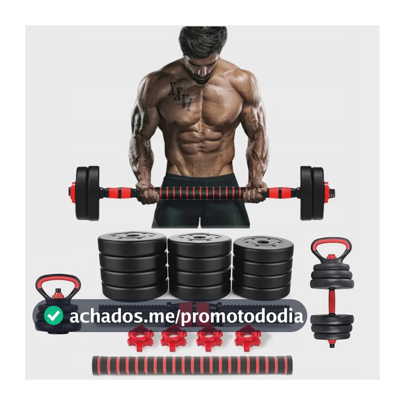 Kit Halteres Barra E Anilhas Musculação Kettlebell Ajustáveis Peso Academia 15kg