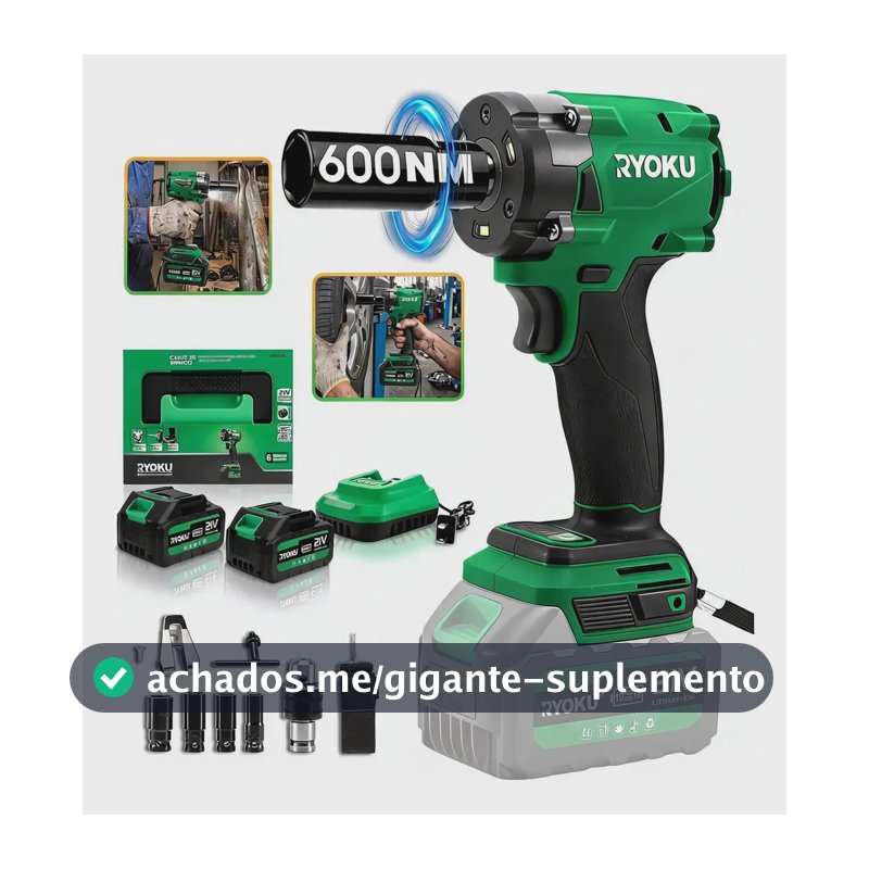 Chave De Impacto Brushless 600nm 21v Com 2 Baterias Ryoku Verde 127/220v