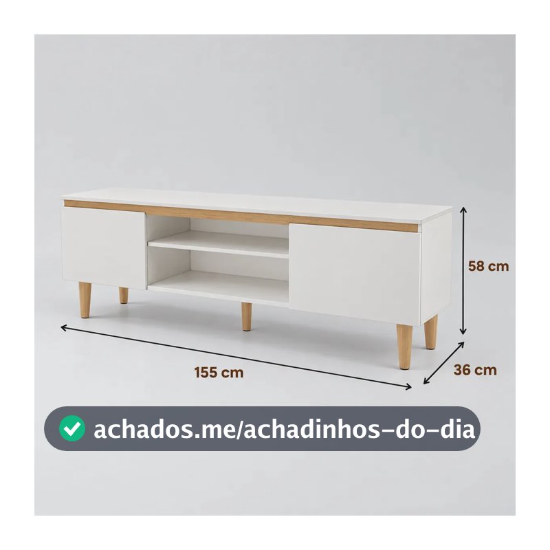 Rack Tv 55 Polegadas Estante Para Sala com 2 portas Nicho com Prateleira Madeira com Detalhe em Amadeirado Claro Branco