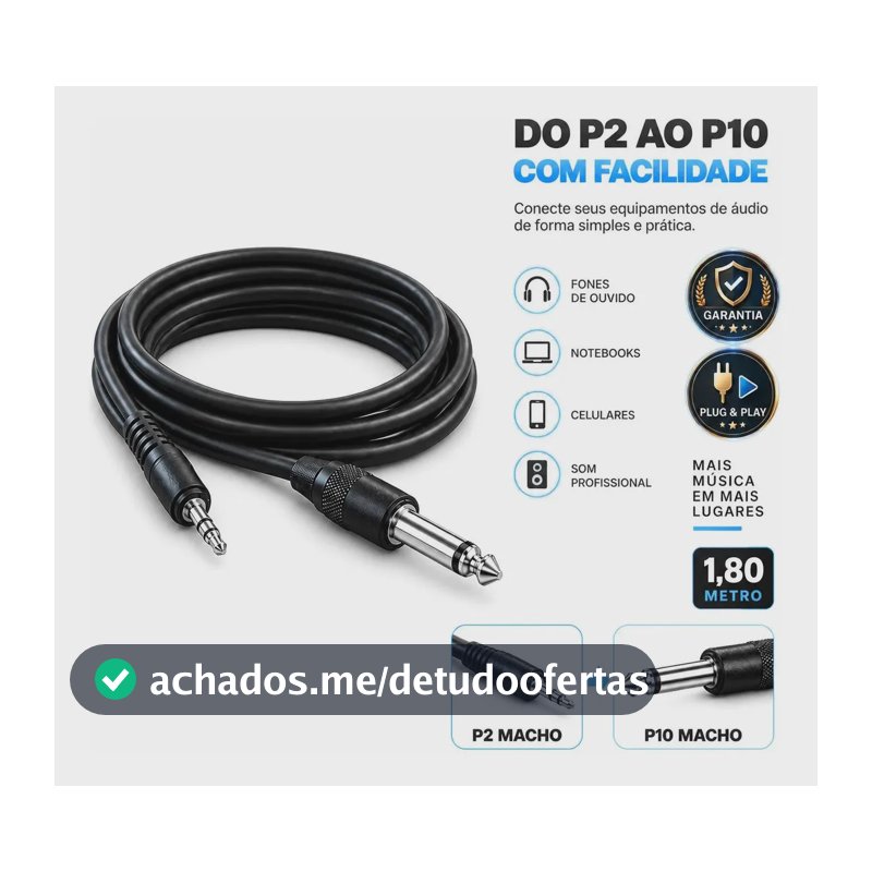 Cabo P2 para P10 Macho 1,80 Metros para Áudio Celular Notebook Computador Mesa de Som Amplificador e Caixa de Som Amplificadores Eletric TEck