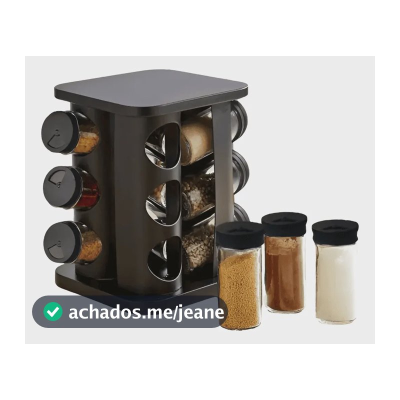 Porta Temperos Giratório Preto Em Casa Tem com 12 Potes Vidro 85ml