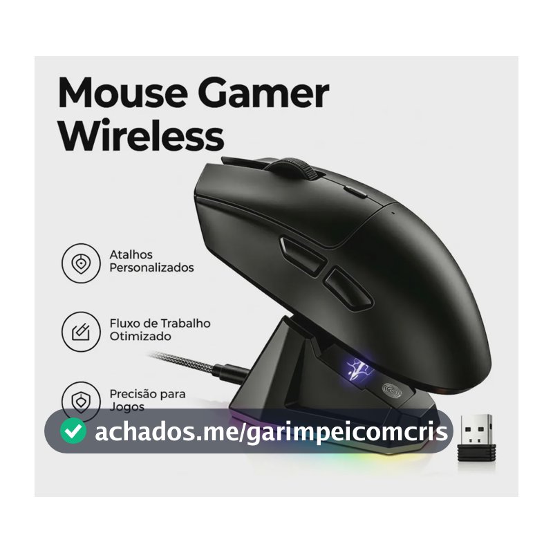 Mouse Gamer Sem Fio Bluetooth 12000dpi Base Rgb 2.4g Ultraleve 59g 12000 Dpi Preto
