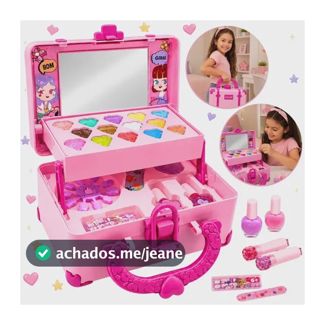Maleta De Maquiagem Infantil Lavável Com Espelho Kit Completo 32 Peças Antialérgica Presente Menina Mompas