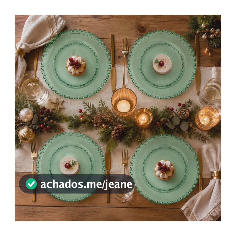 Kit 4 Pratos Rasos Sobremesa Vidro Verde 19cm Borda Diamante