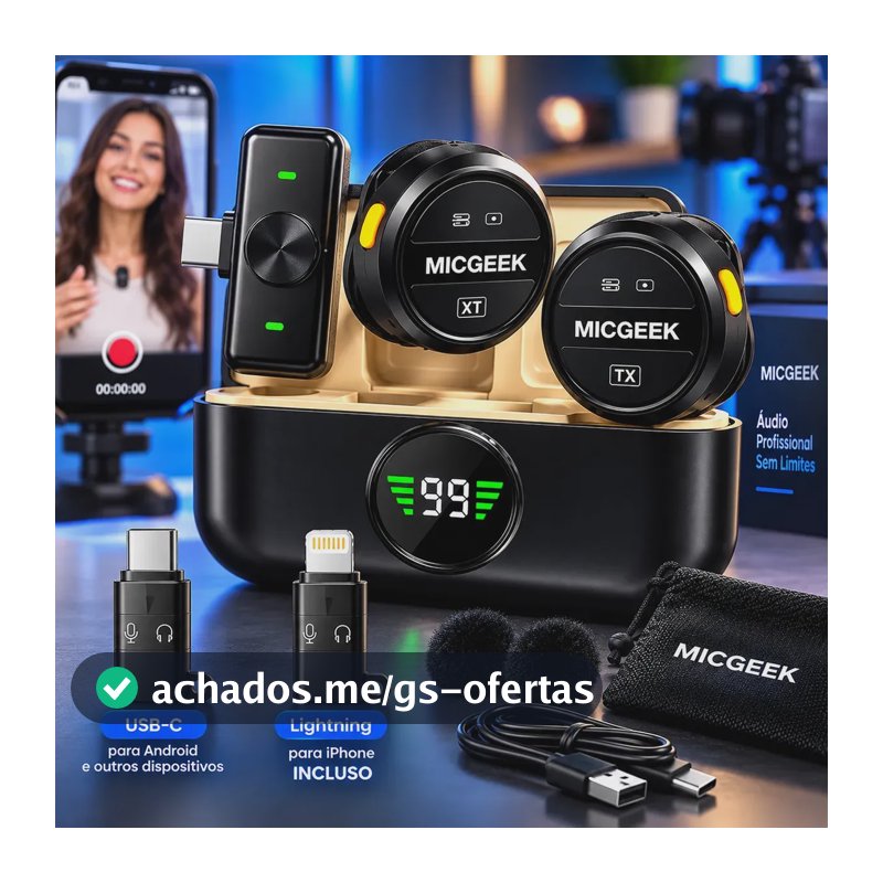 Microfone Lapela Redondo Sem Fio Tipo-C Duplo Anti Ruído P/ Android E iPhone 15 16 17 Com Caixinha Para Carregamento Cor Preto MICGEEK