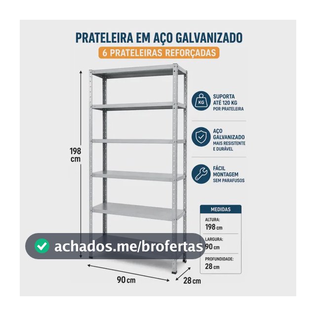 Prateleira Estante Aço Galvanizado 6 Bandejas 1,98x90x28cm Cinza