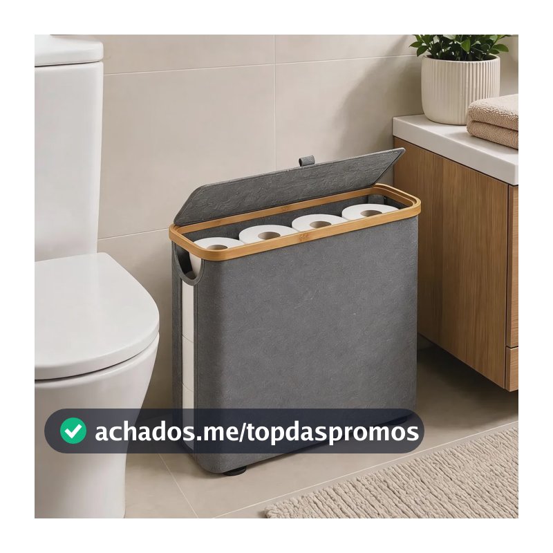 Cesto Organizador Dobrável Com Tampa Banheiro Lavanderia Cinza Liso