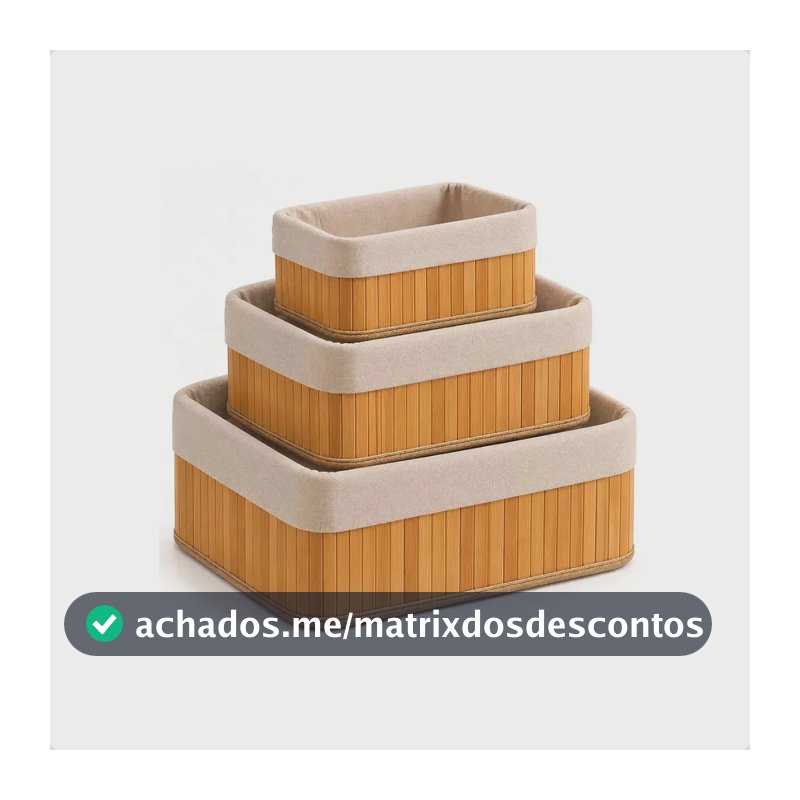 Kit 3 Cestos Organizadores de Bambu Retangulares com Forro para Casa e Banheiro