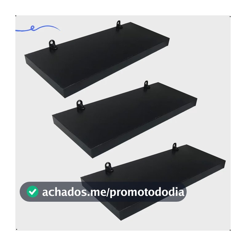 Kit 3 Prateleiras Fixas MDF Preto 25cmx10cm Com Suportes