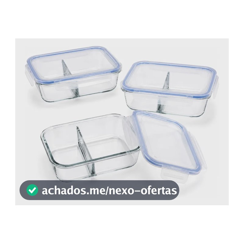 Conjunto 3 Potes Hermético Vidro C/ Divisória Marmita 640ml Transparente
