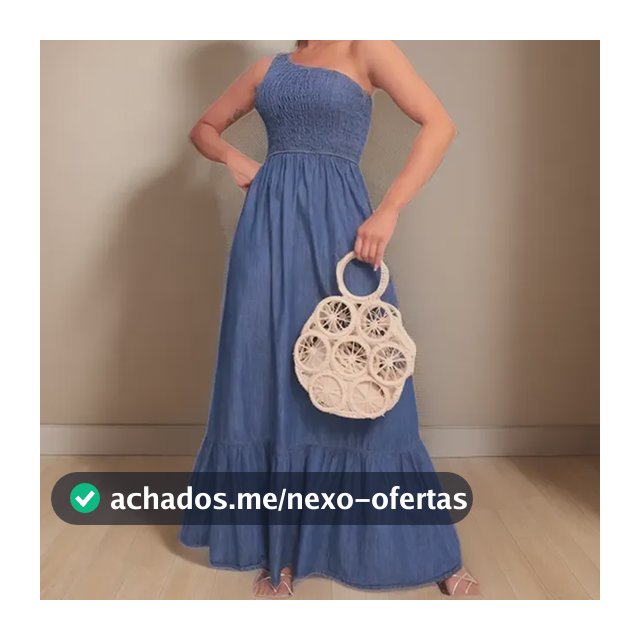 Vestido Feminino Longo Jeans Rodado Manga Unica Com Elastico