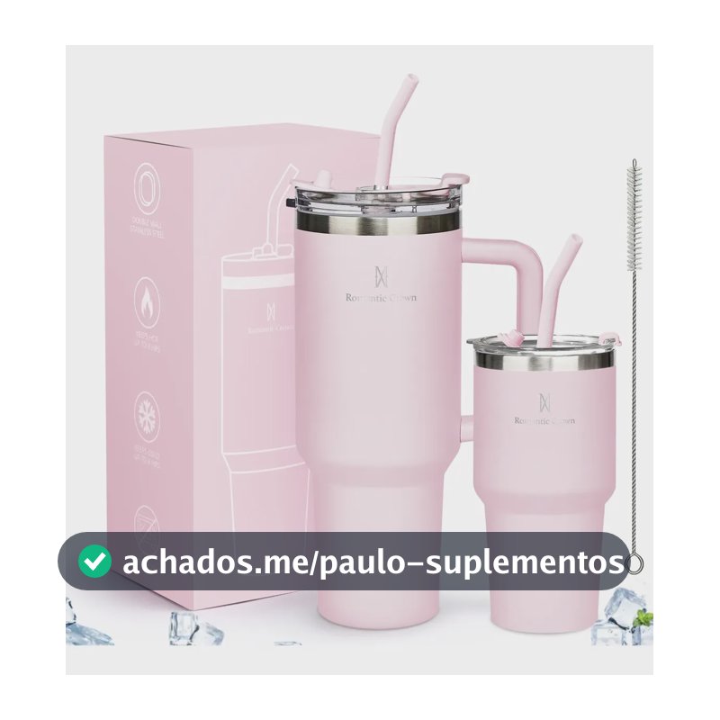 Kit Copo Térmica Inox 1200ml & 600ml Com Tampa E Canudo Rosa Cor Pura