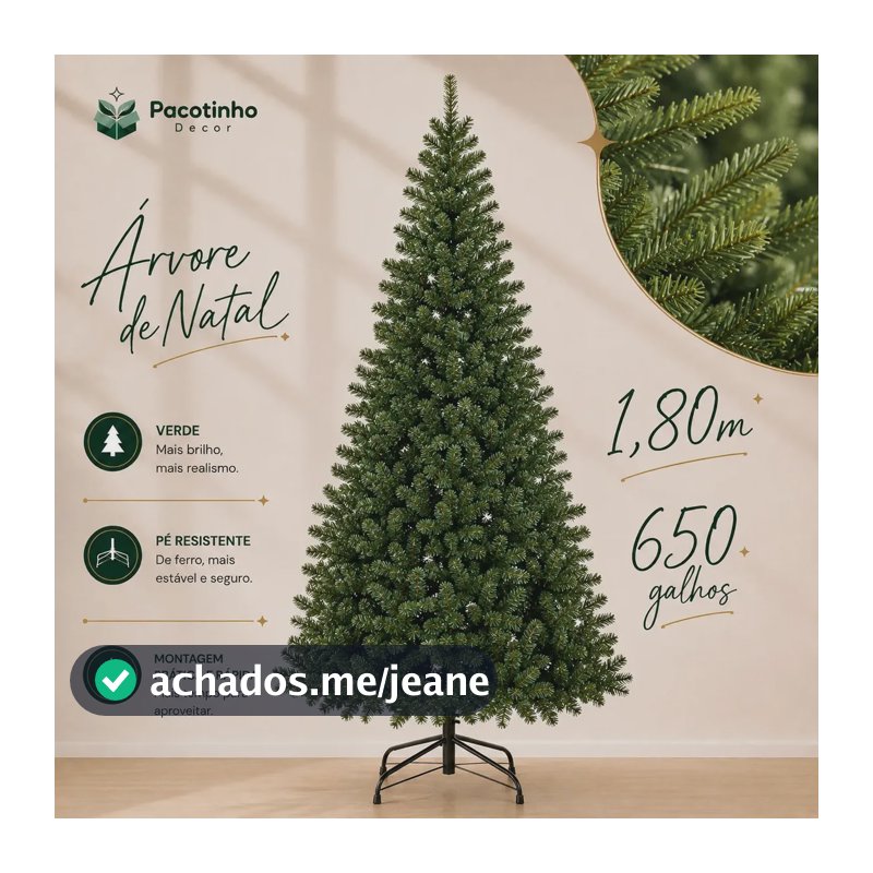Árvore De Natal 1,80m 650 Galhos Verde Base Metal Pinheiro Canadense Pacotinho Decor