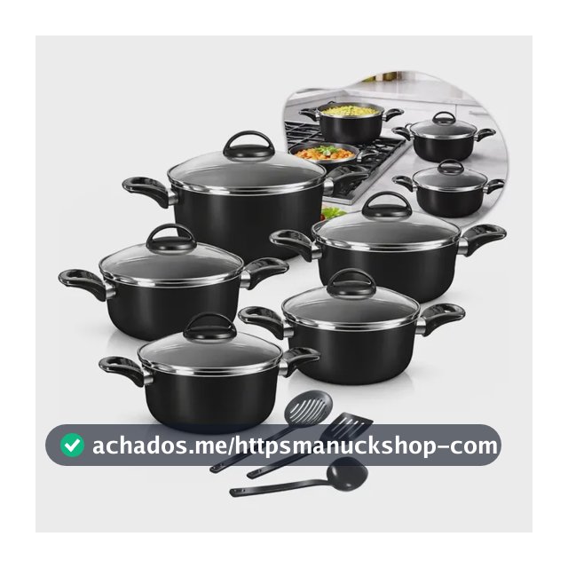Conjunto De Panelas Caçarolas 5 Peças Antiaderente Com 3 Utensilios E Tampa De Vidro Preto