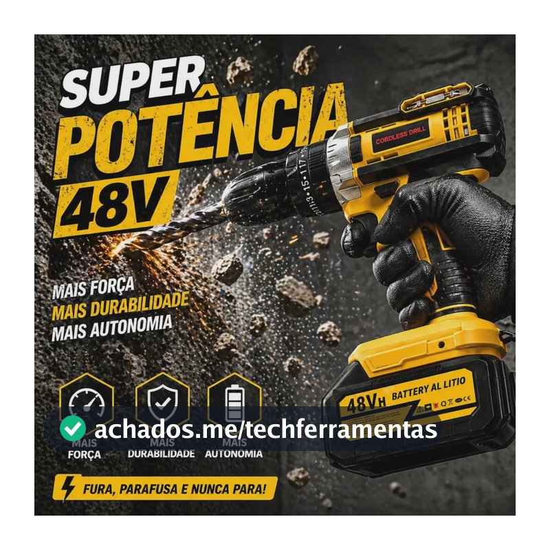 Furadeira Parafusadeira 48v Com 2 Baterias Recarregáveis Maleta Mandril 10mm Torque 32n.m 0-400/0-1400 Rpm Velocidade... Amarelo