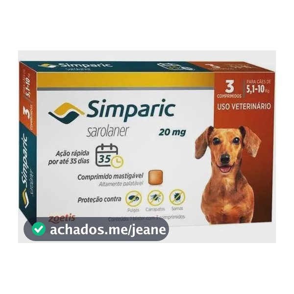 Simparic Zoetis Antipulgas Carrapatos Sarnas Cães 5,1 A 10kg 3 Comprimidos
