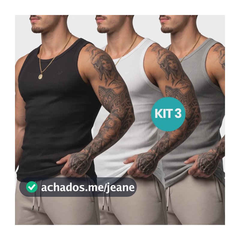 Kit 3 Regata Masculina Americana Canelada Premium Verão Slim Preto/branco/cinza G Liso