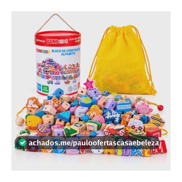 Brinquedo Montessori Alfabeto VUNI 100 Peças com Letras Figuras Cordão e Saco Organizador Infantil