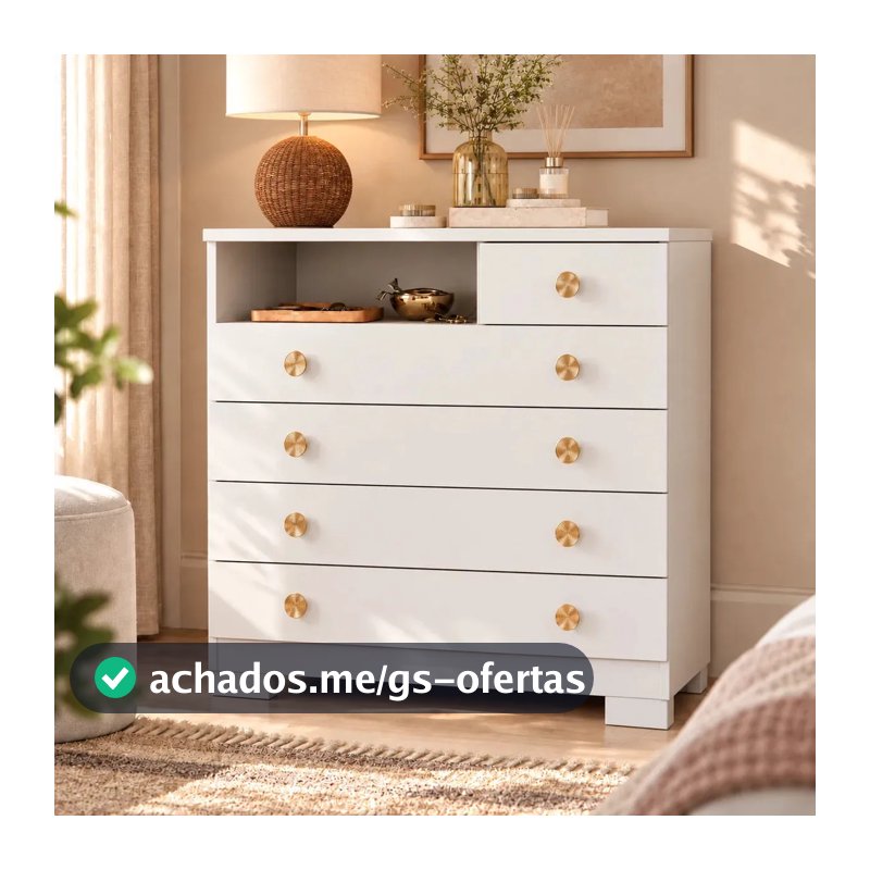 Cômoda 5 Gavetas Para Quarto Adulto Solteiro Com Nicho Pés Corrediças Telescópicas Multiuso Organizadora De Roupas Cor Branco