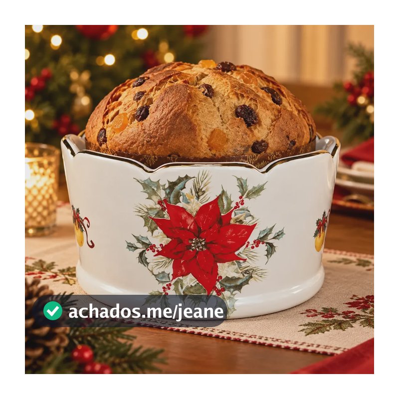 Porta Panetone Natal Grande Branco Flor Rosa Filetado Ouro Branco