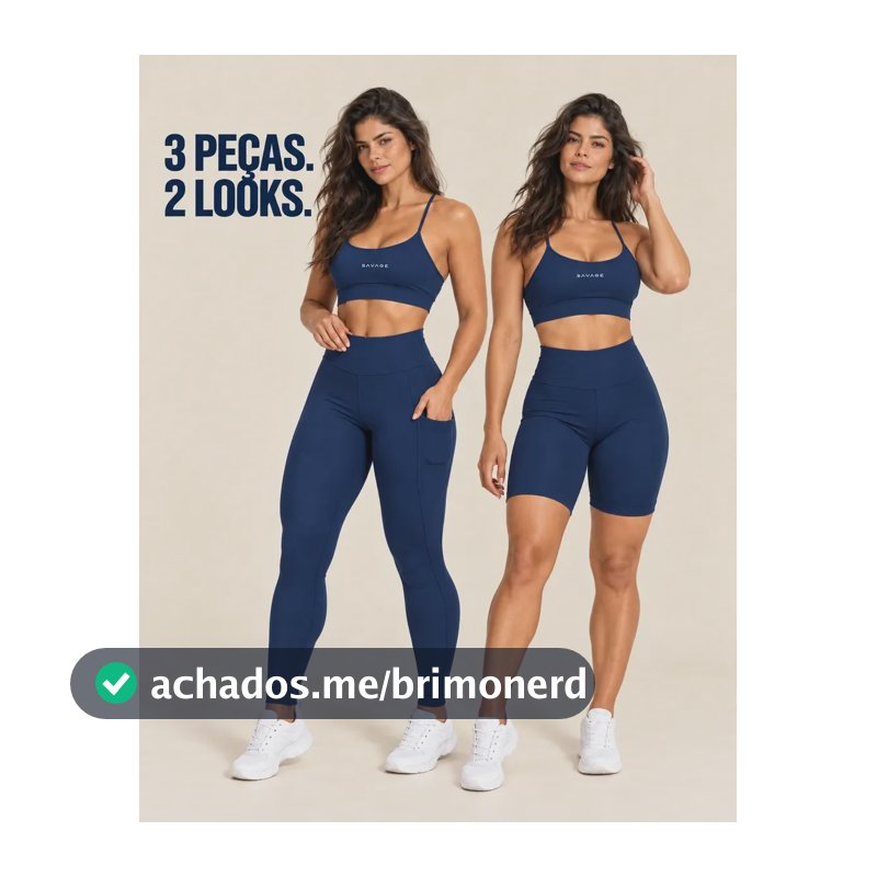 Kit Fitness Feminino: Calça Legging + Top + Shorts Cós Alto Azul-marinho Liso G