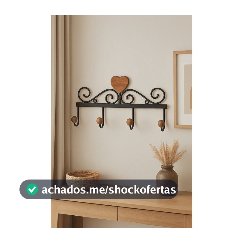 Cabide Em Ferro Coração Parede 4 Ganchos Artesanal Preto