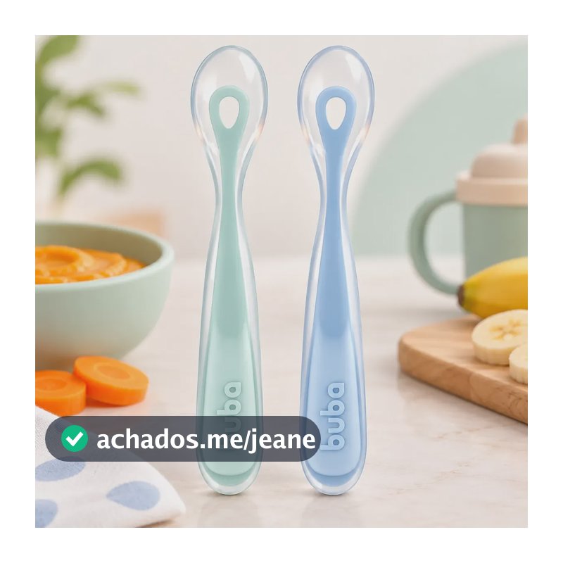 Kit 2 Colheres Em Silicone Introdução Alimentar Bebê Buba Azul