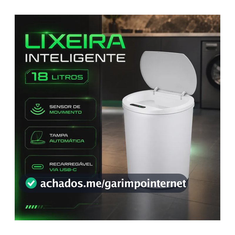 Lixeira Automática Inteligente 18 Litros Redonda Cor Branca com Sensor Infravermelho Tampa Touchless Recarregável USB Anti Odor para Cozinha e Banheiro